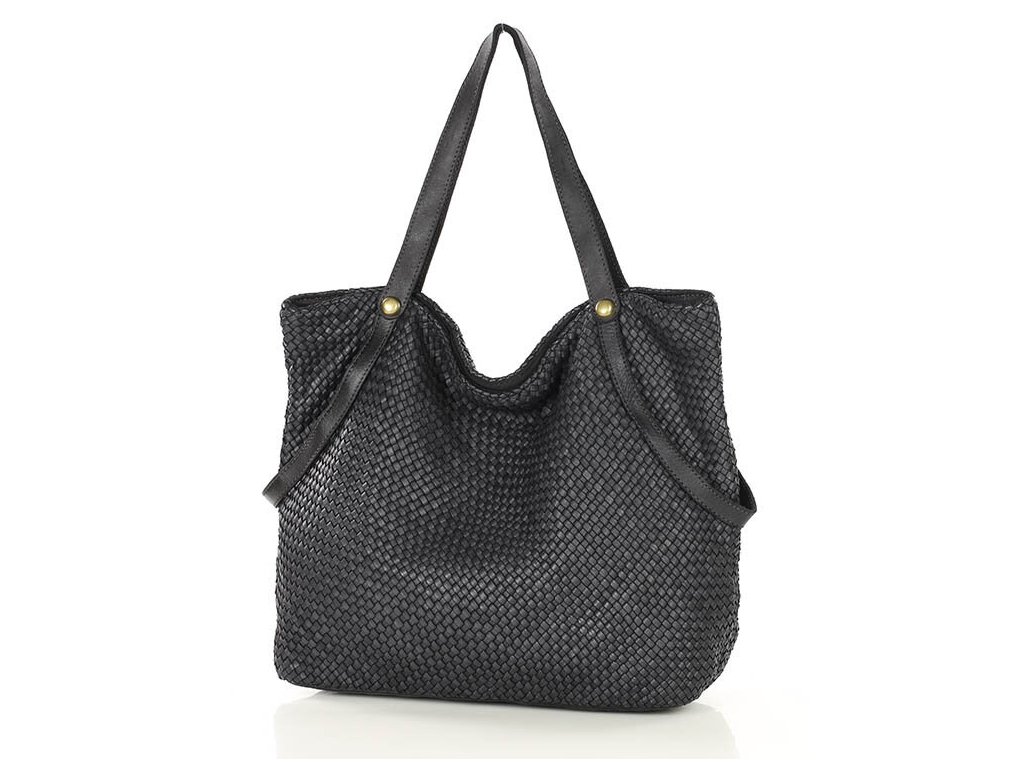 Velká tkaná kožená vintage shopper taška MAZZINI; černá