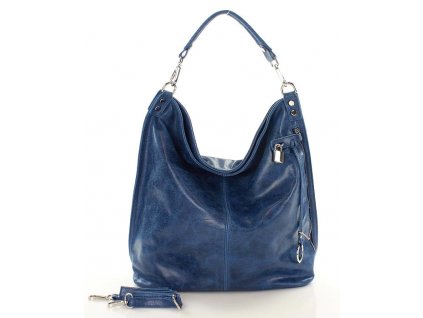 Italská nadčasová stylová XL kabelka kožená; modrá