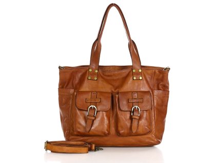 Kožená XL shopperka se dvěma kapsami MAZZINI; velbloud