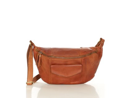 Velká kožená dámská taška přes rameno s tvarem ledvinky MAZZINI; velbloud