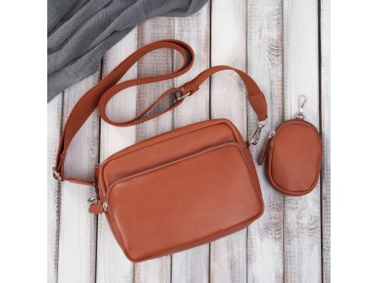 Dámská kožená taška přes rameno s pouzdrem na klíče Peruzzi; koňak