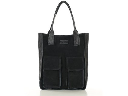 Shopperka s kapsami MAZZINI z pravé kůže; černá semiš