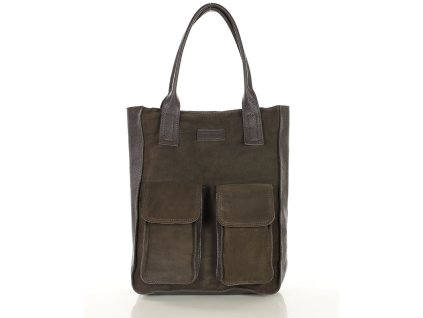 Shopperka s kapsami MAZZINI z pravé kůže; tmavě hnědá semiš