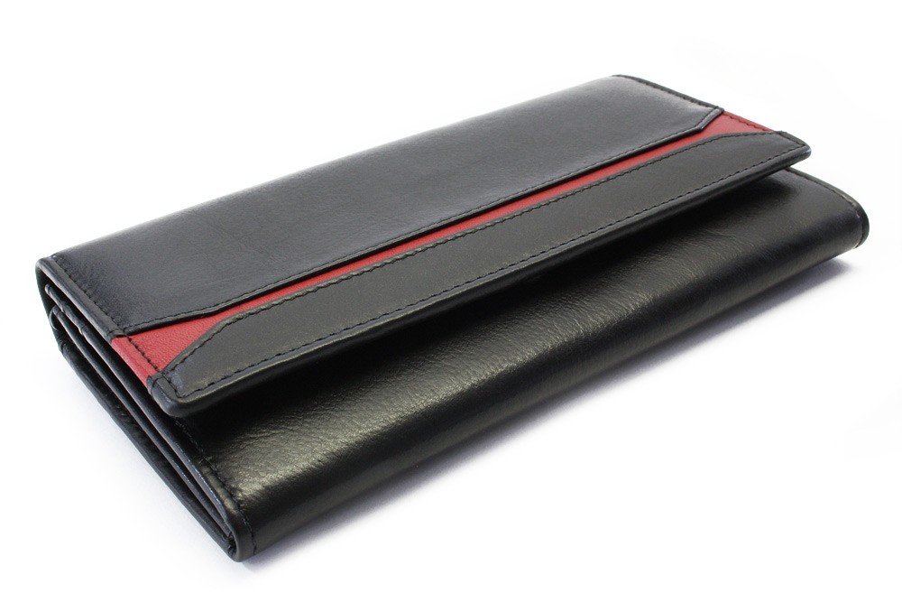 Arwel Dámská kožená peněženka s klopnou; černá s červeným pruhem