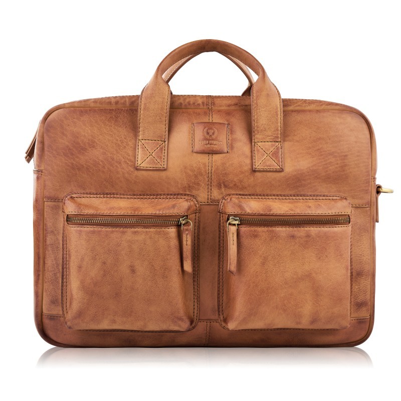 Paolo Peruzzi Kožená taška na notebook s držákem na kufr PERUZZI; koňak