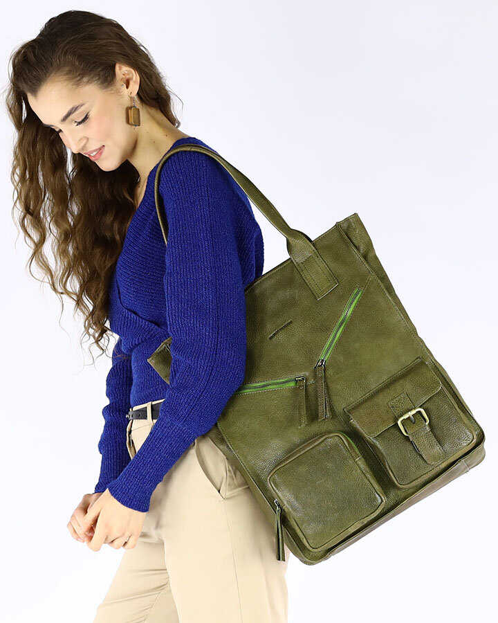 Marco Mazzini handmade Shopper XXL taška s kapsami z kůže MAZZINI; zelená