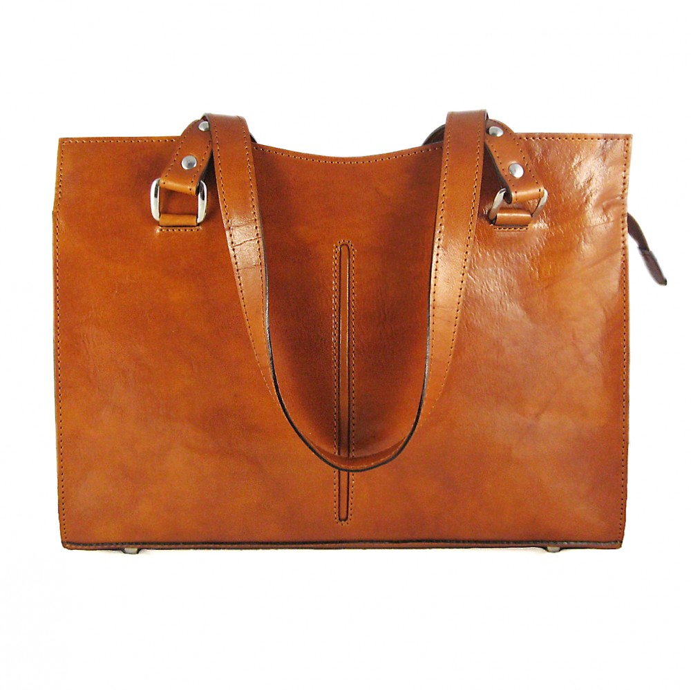 Velka ručně šitá kabelka z pravé kůže SILVA - česká výroba; koňak