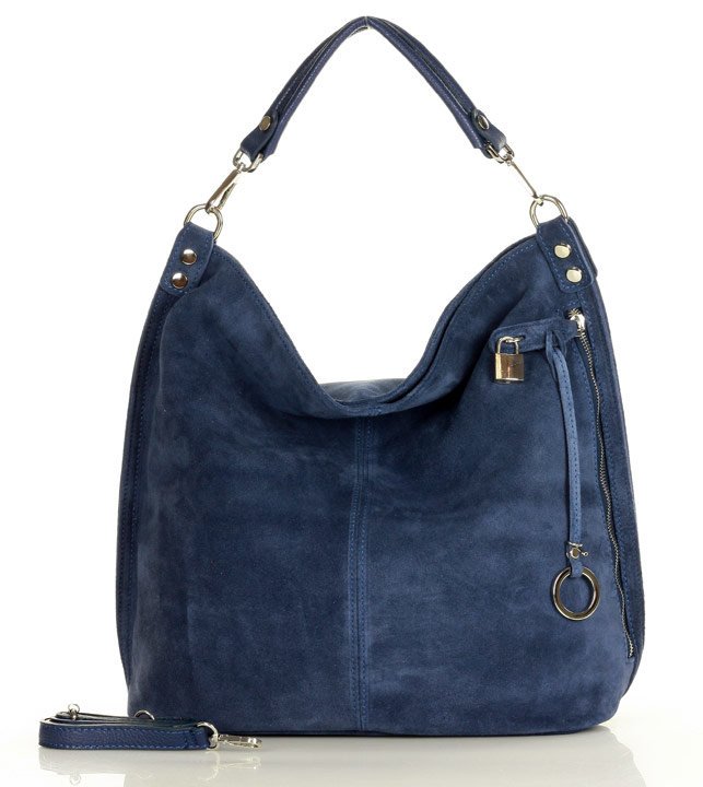 GENUINE LEATHER Italská nadčasová stylová kabelka kožená; modrý nubuk
