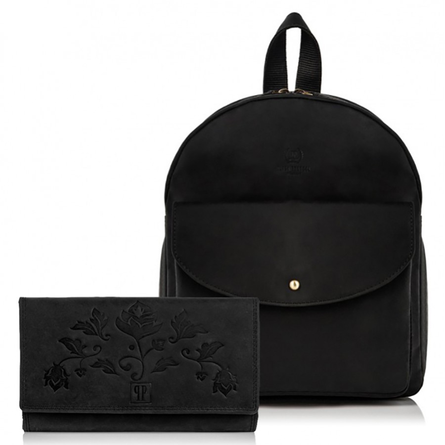 Paolo Peruzzi Dárková sada: Vintage dámský batoh a peněženka z pravé kůže; černá