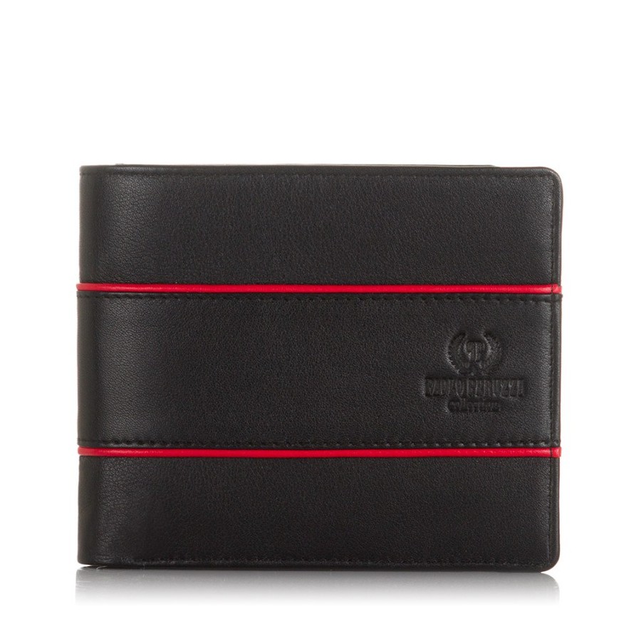 Paolo Peruzzi Klasická pánská peněženka PERUZZI ochrana RFID horizontální; černá s červeným pruhem