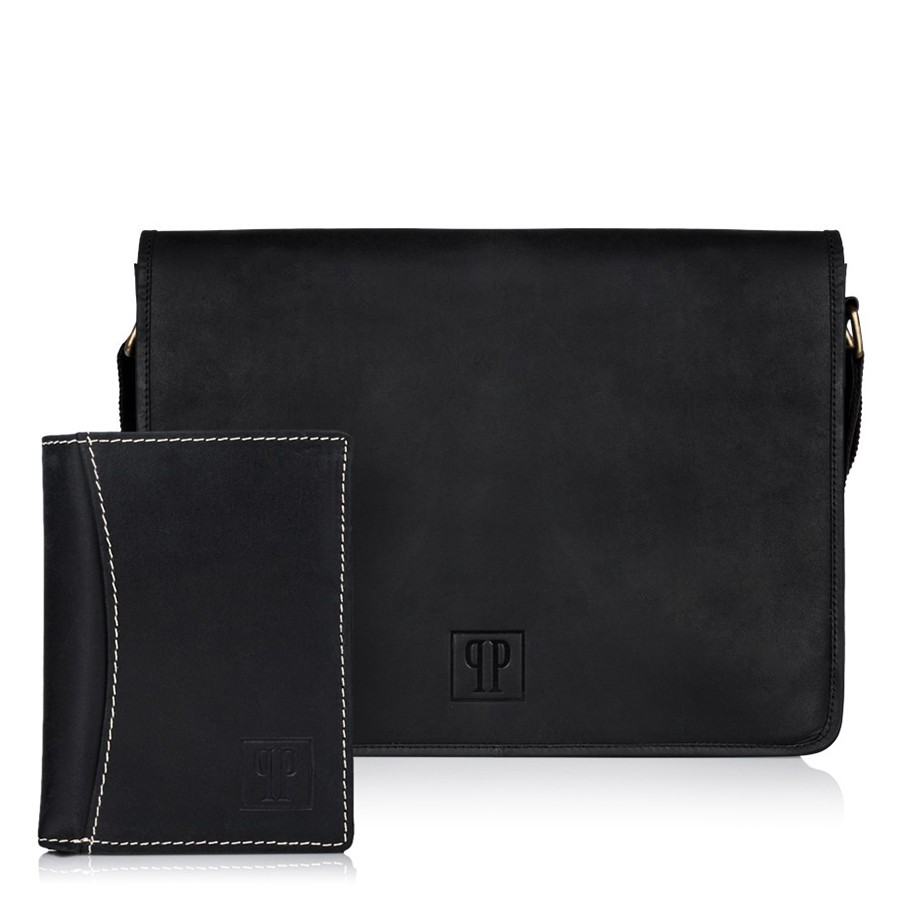 Paolo Peruzzi Dárková sada: Pánská kožená taška a peněženka; černá