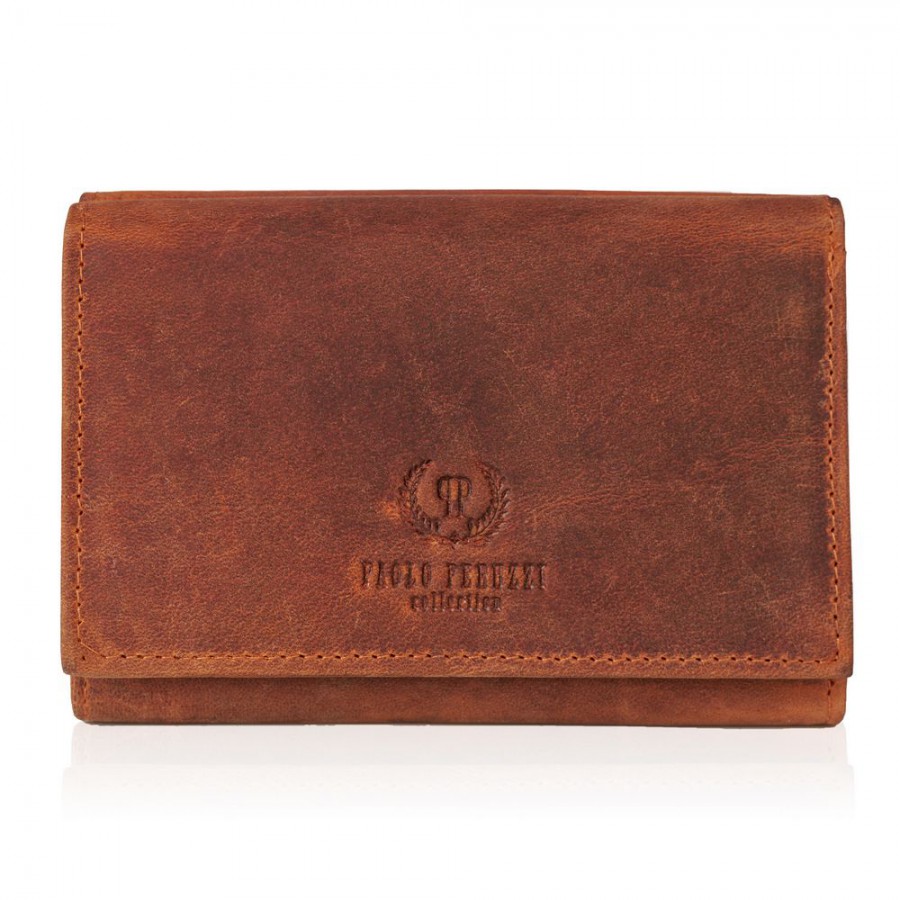 Paolo Peruzzi Dámská vintage kožená peněženka PERUZZI s ochranou RFID; koňak