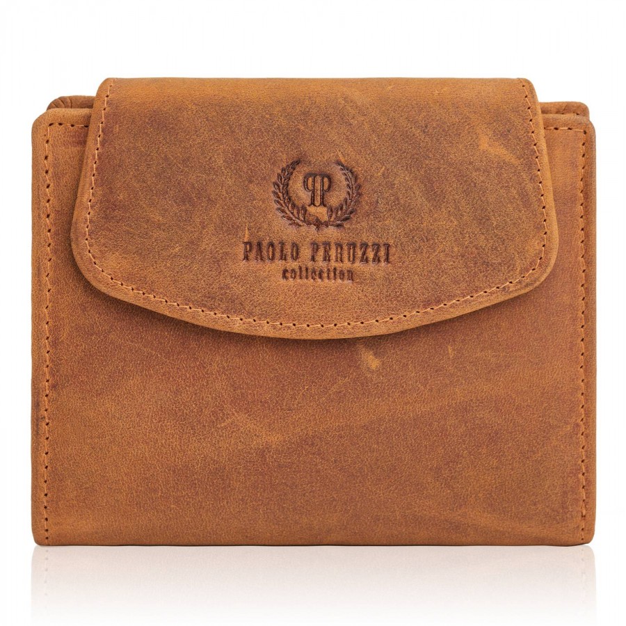 Dámská rozkládací kožená peněženka PAOLO PERUZZI; koňak