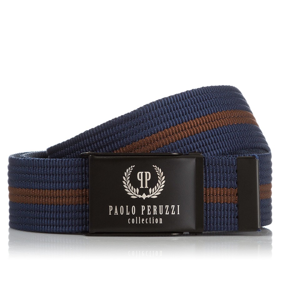 Stylový pánský textilní pásek PAOLO PERUZZI; modrý s hnědým pruhem