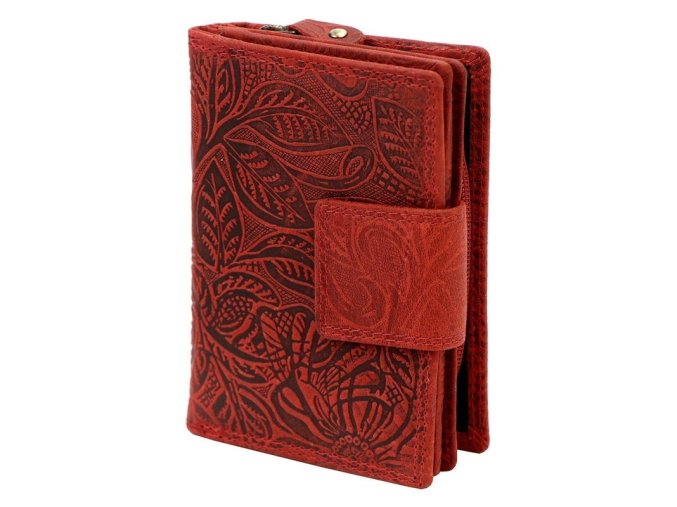 Kožená pevná peněženka Gregorio červená s ornamenty květin