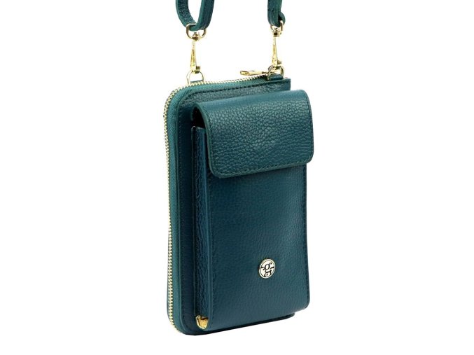 Malá kožená crossbody kabelka (pouzdro na mobil a peněženka) Gregorio 07 tyrkysová - gold