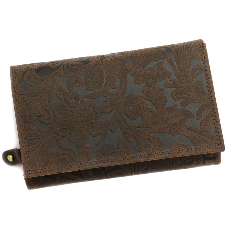Kožená pevná peněženka Wild by Loranzo no. 644 hnědá s ornamenty květin
