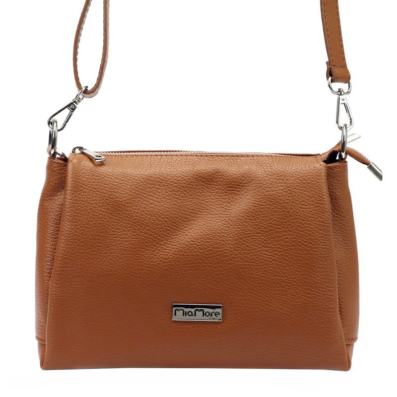 Tříoddílová malá/střední hnědá kožená crossbody kabelka Mia More no. 002