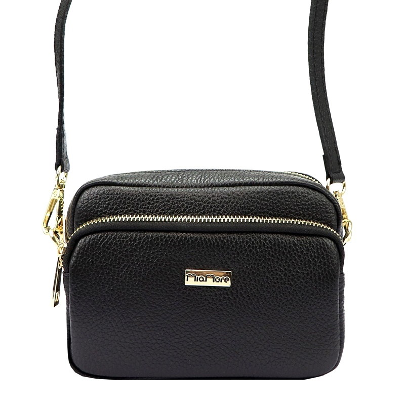 Dvouoddílová malá černá kožená crossbody kabelka Mia More no. 062