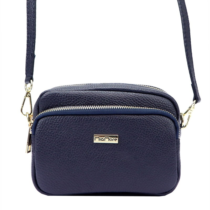 Dvouoddílová malá tmavěmodrá kožená crossbody kabelka Mia More no. 062