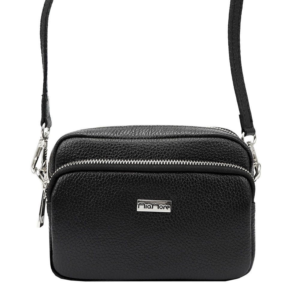 Dvouoddílová malá černá kožená crossbody kabelka Mia More no. 062