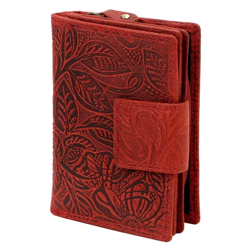 Kožená pevná peněženka Gregorio červená s ornamenty květin