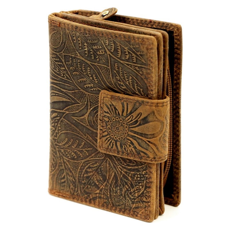 Kožená pevná peněženka Gregorio hnědá s ornamenty květin