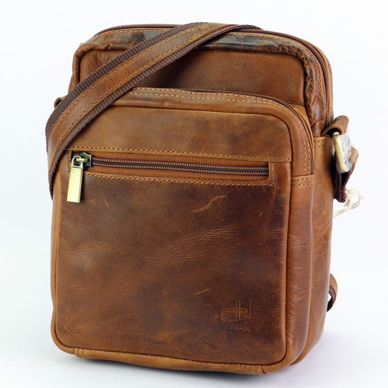 Dvouoddílová středně velká pánská kožená crossbody taška Nordee 03 hnědá