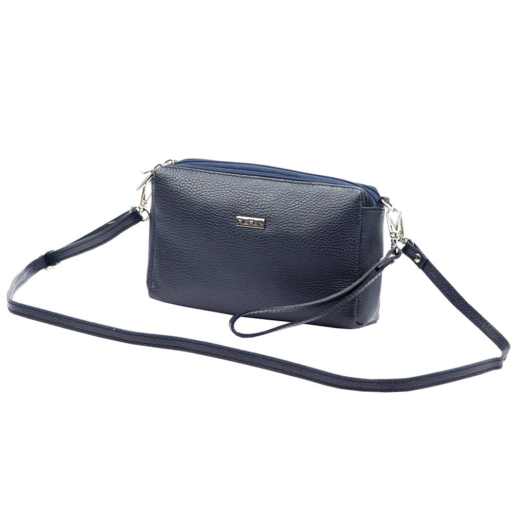 Tříoddílová malá tmavěmodrá kožená crossbody kabelka Mia More no. 42