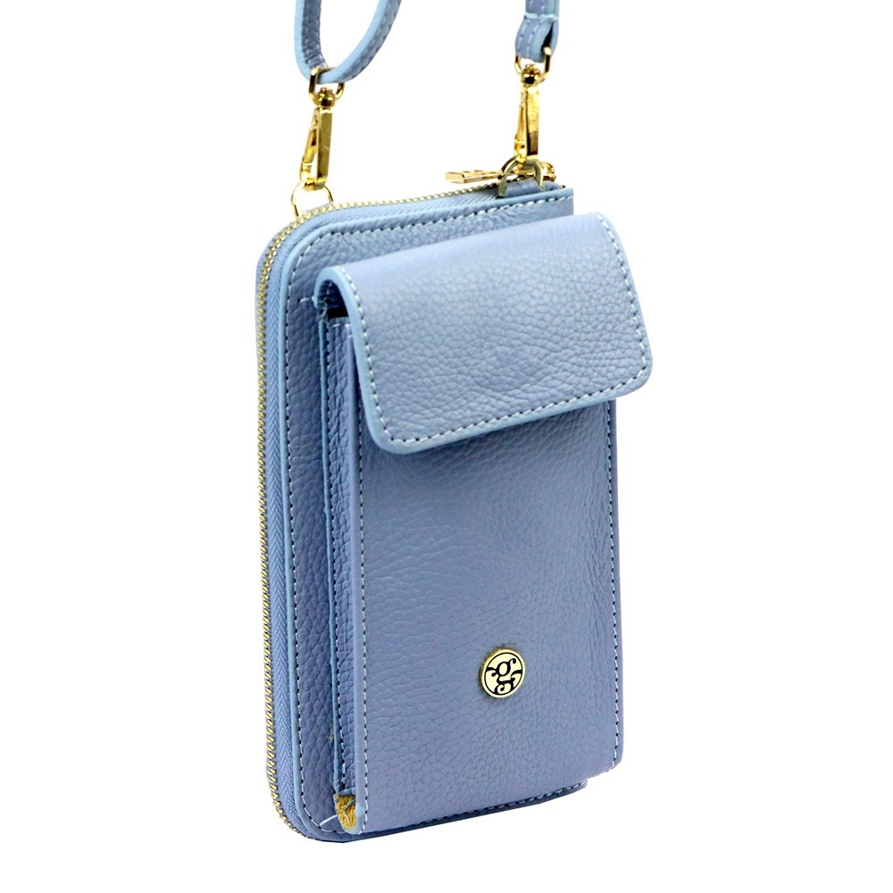 Malá kožená crossbody kabelka (pouzdro na mobil a peněženka) Gregorio 07 světlemodrá - gold