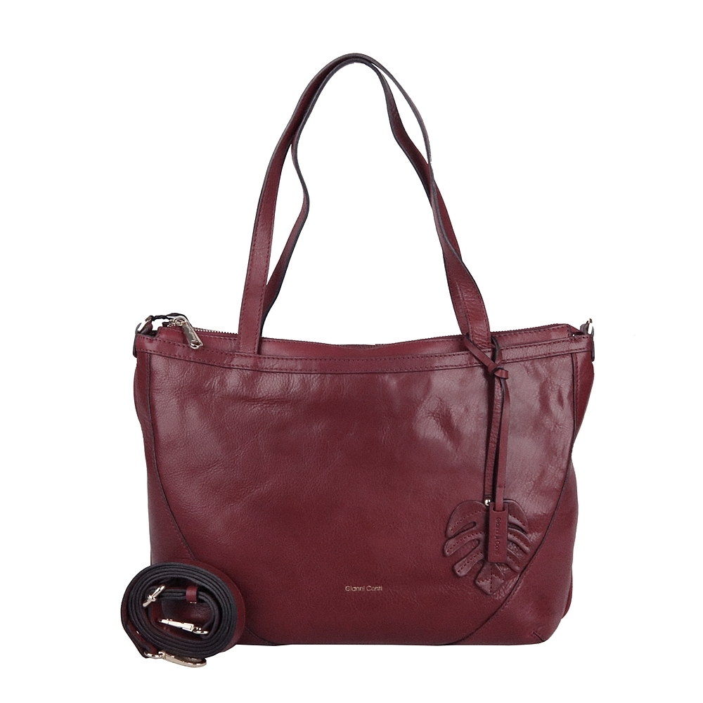 Tříoddílová velká značková kožená kabelka na rameno Gianni Conti 494 tmavěčervená