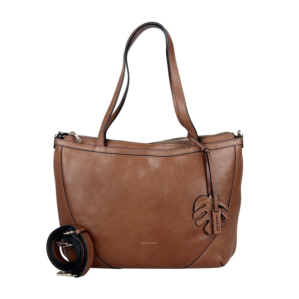 Tříoddílová velká značková kožená kabelka na rameno Gianni Conti 494 hnědá