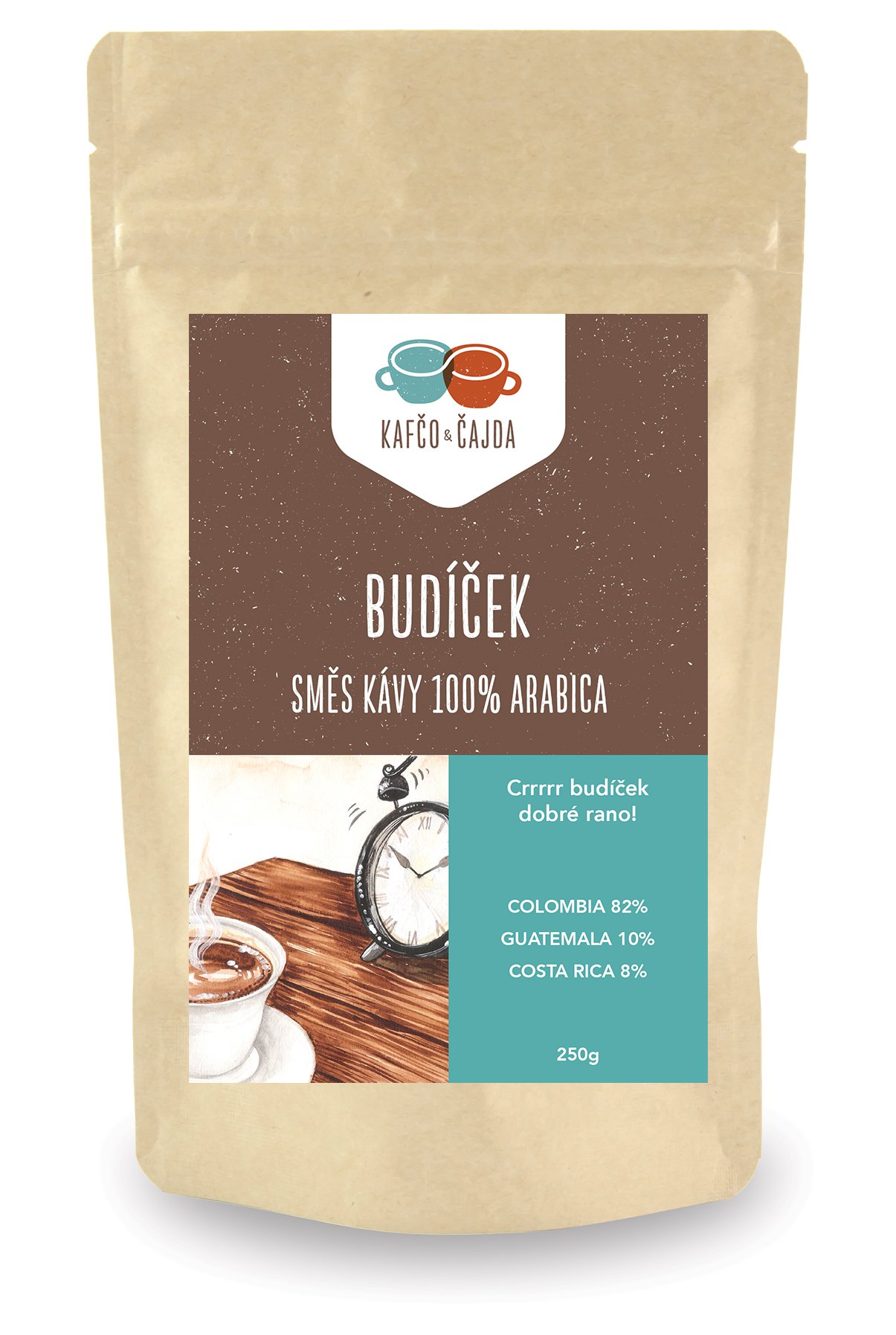 Budíček - směs kávy - dárkové balení Velikost balení: 500 g, Způsob mletí: French press (velmi hrubá)