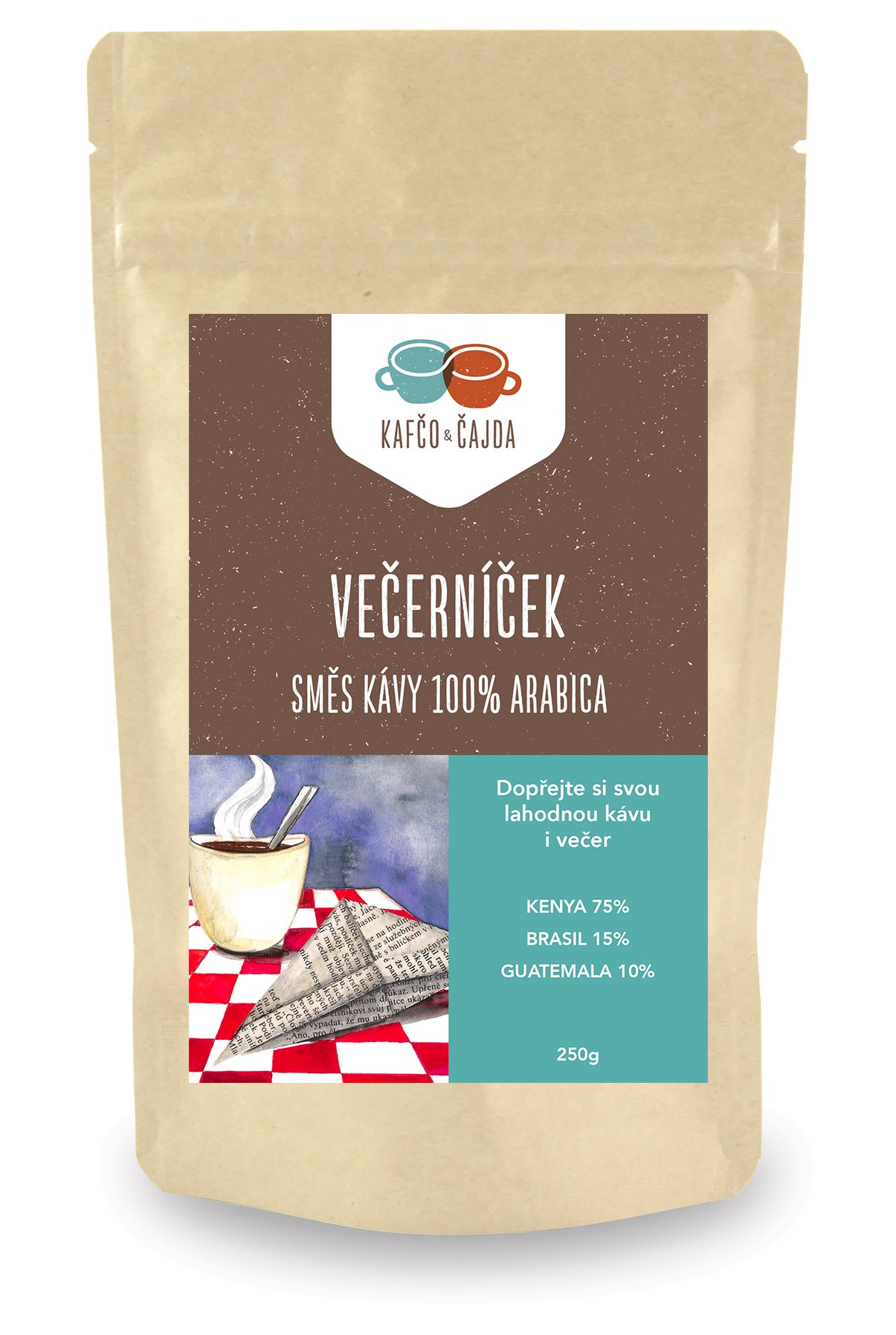 Večerníček - směs kávy - dárkové balení Velikost balení: 1000 g, Způsob mletí: French press (velmi hrubá)