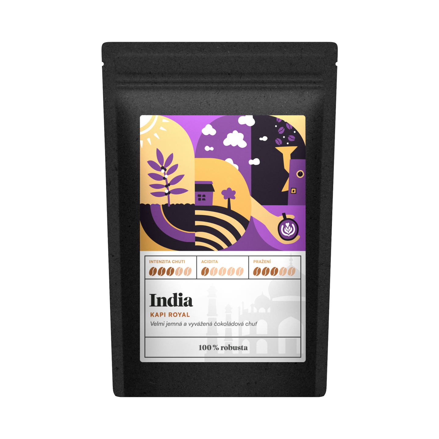 Kafčo-čajda India Kapi Royal - jednodruhová káva - robusta Velikost balení: 1000 g, Způsob mletí: French press (velmi hrubá)