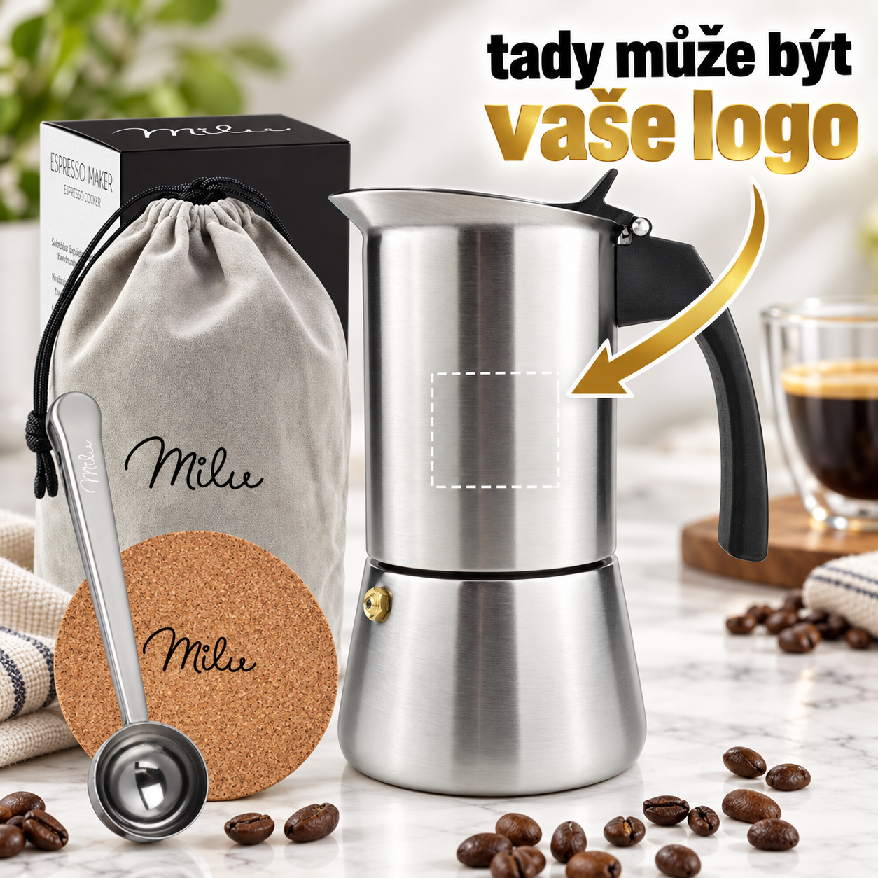 Nerezová moka konvička s černým madlem a laserovým gravírováním loga