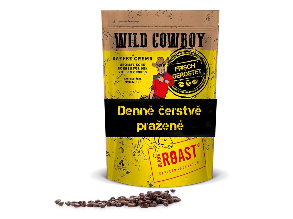 Zrnková káva Wild Cowboy Crema 1000g – Jemně pražená káva s hickory dřevem Arabica 100%