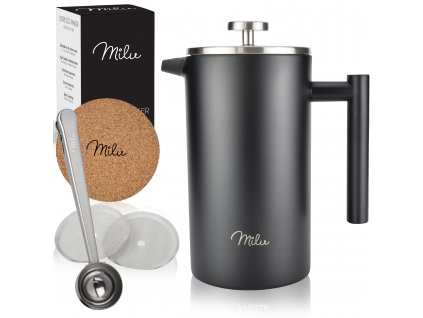 French Press Milu | Kávovar z nerezové oceli s dvojitou izolací stěn, vč. tácku, lžíce, náhradního filtru (černá, 350 ml, na 2 šálky)