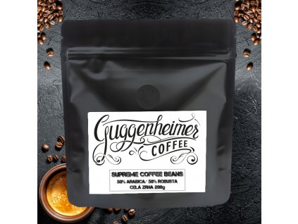 Zrnková káva Guggenheimer Supreme Beans. Italská pomalu pražená káva. Krémová chůť perfektní na espresso. 200g