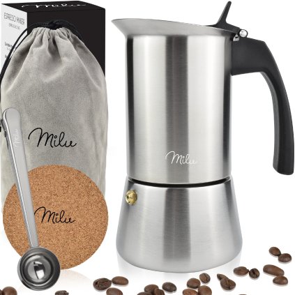 Moka konvička na všechny typy vařičů včetně indukce - nerezová ocel - na 4 šálky(200ml) - černé madlo