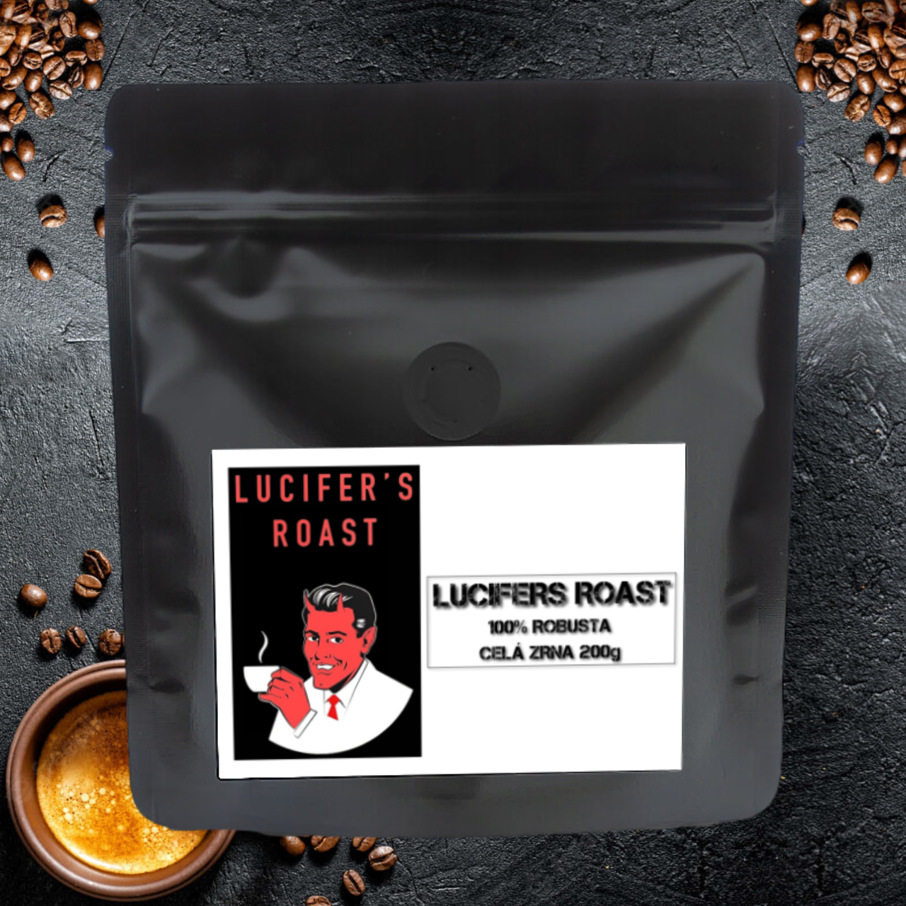 KIQO LUCIFER ROAST Zrnková káva LUCIFERS ROAST - degustační balíček 200g, 100% Robusta, vysoká dávka kofeinu