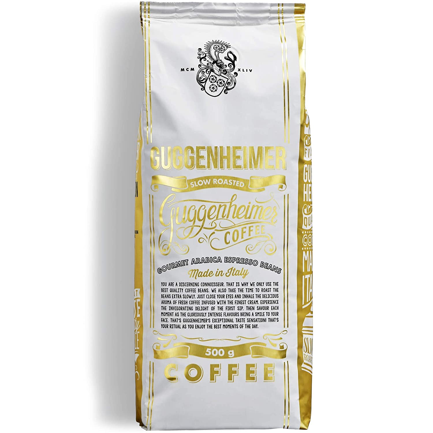 Guggenheimer Zrnková káva Gurmet Arabica 100% - Guggenheimer. Italská pomalu pražená káva. Krémová chůť perfektní na espresso. 500g