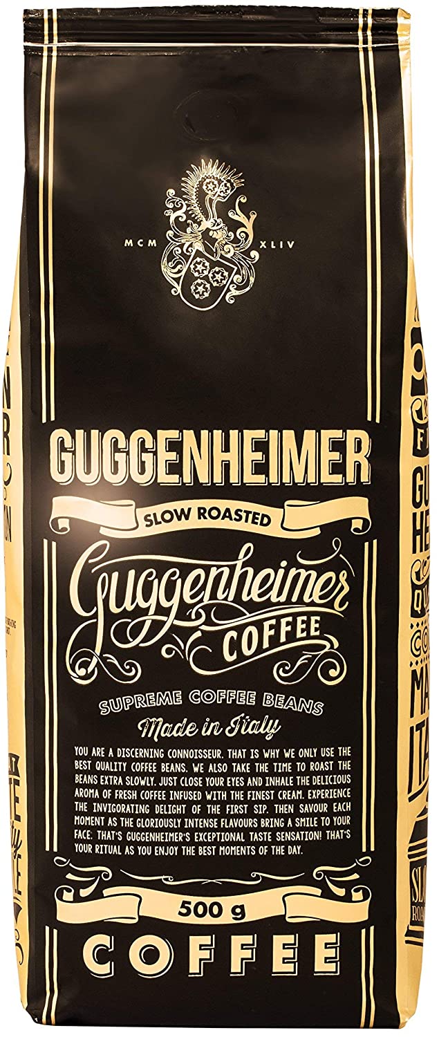 Zrnková káva Guggenheimer Supreme Beans. Italská pomalu pražená káva. Krémová chůť perfektní na espresso. 500g