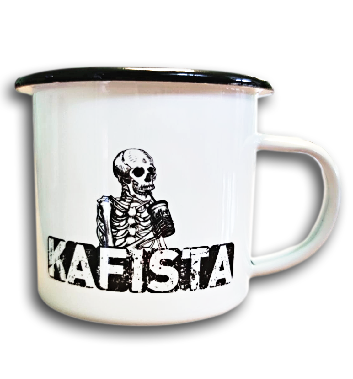 Plecháček Kafista 0,33l - Plechový hrnek s logem Kafista, černý lem