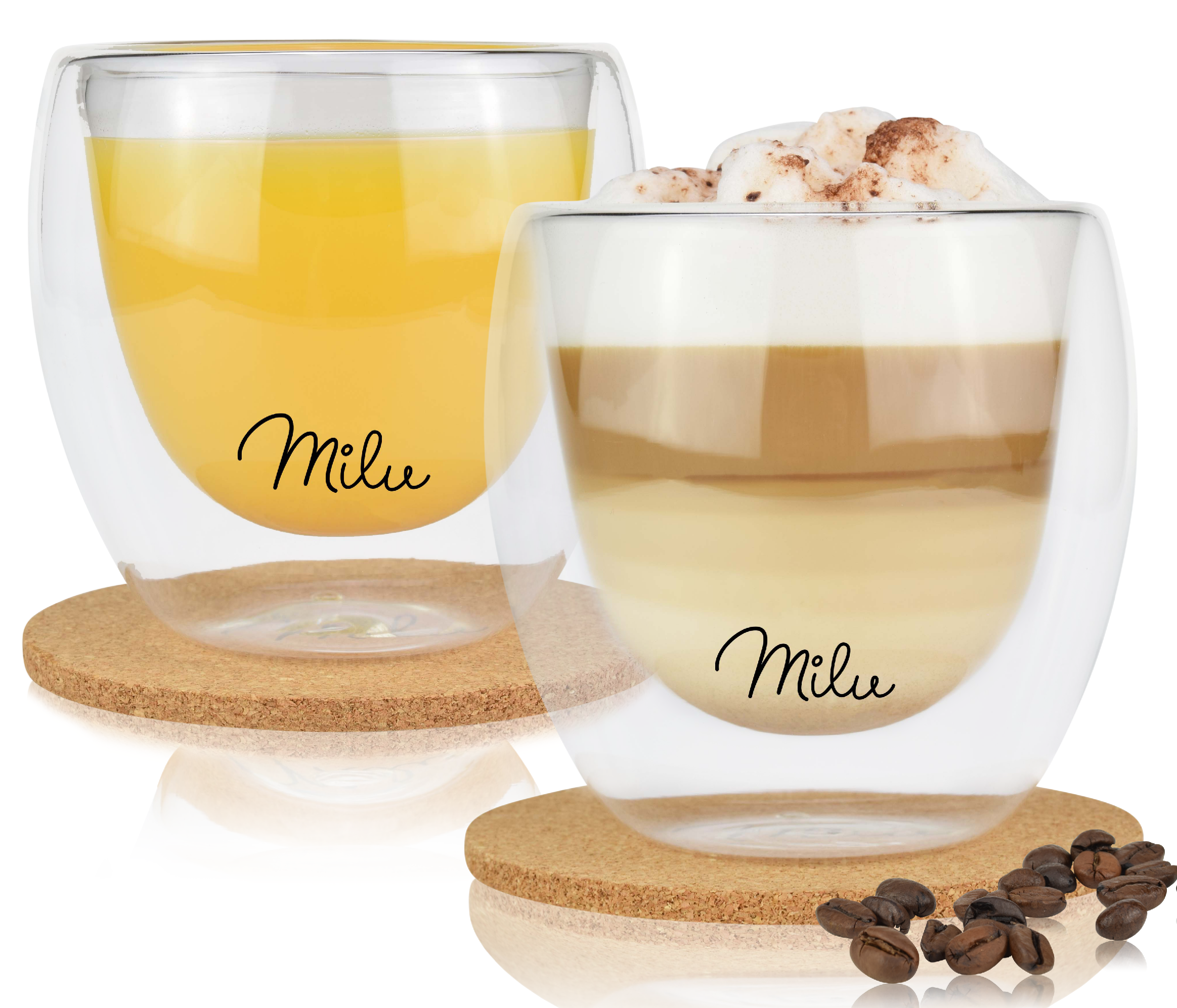 Milu Sada termosklenic (2 sklenice, 250 ml) – dvoustěnné sklenice na espresso – sklenice na kávu a cappuccino, izolační sklo, lze mýt v myčce