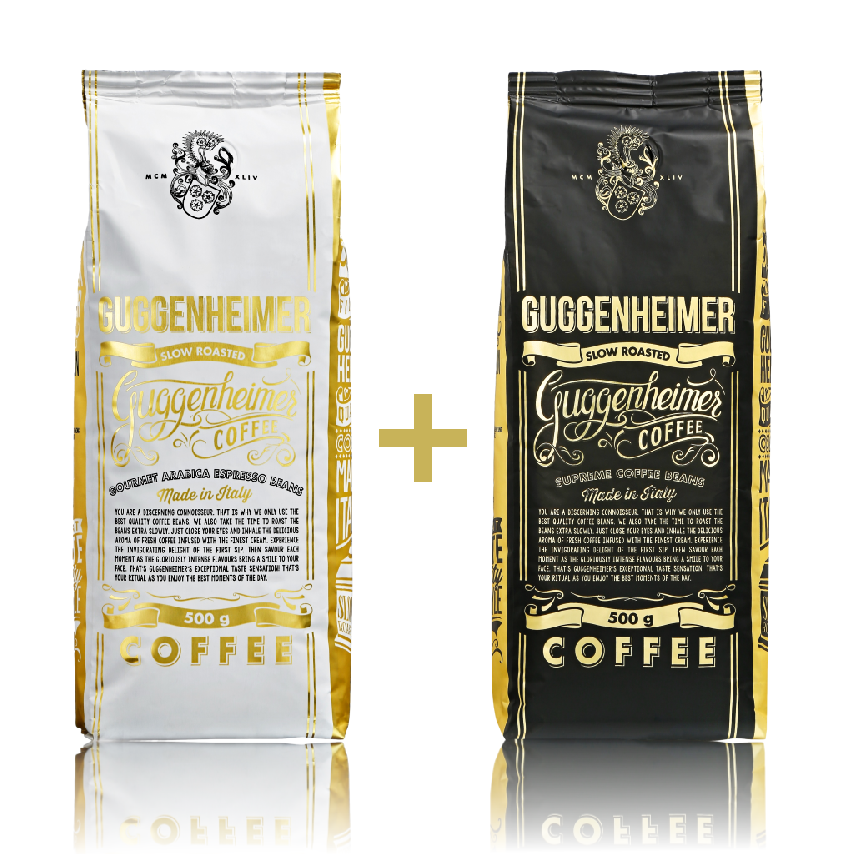 1+1 Zrnková káva Guggenheimer Gurmet Supreme. Italská pomalu pražená káva. Krémová chůť perfektní na espresso. 500g