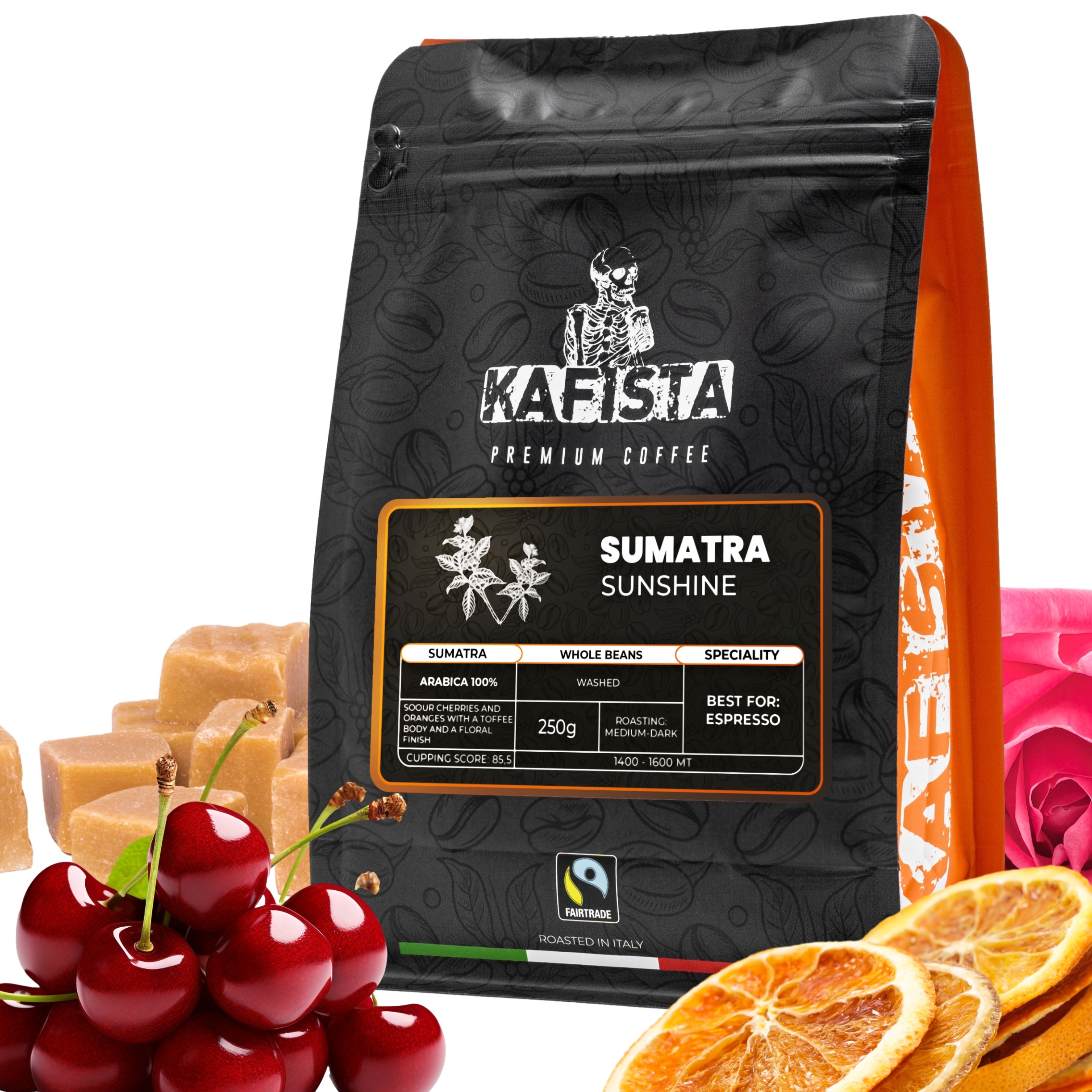 Výběrová káva Kafista "Sumatra Sunshine" - Zrnková Káva - 100% Arabica - Praženo v Itálii - ideální pro espresso Množství: 500g (2x250g)