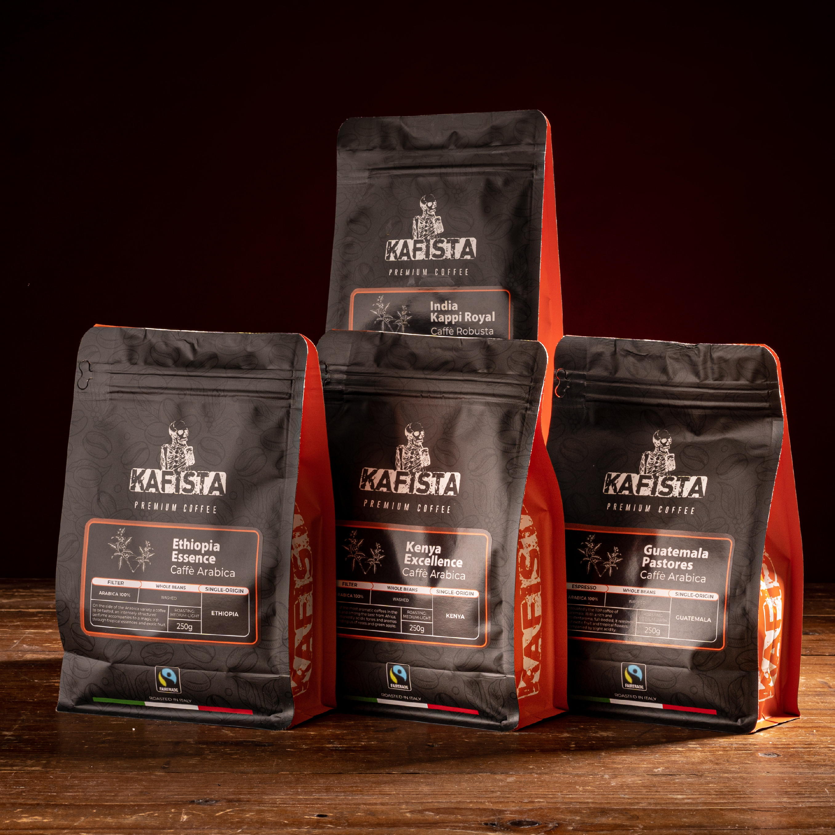 Kafista balíček 4x250g - Single origin kávy pražené v Itálii, zrnková káva Fiartrade