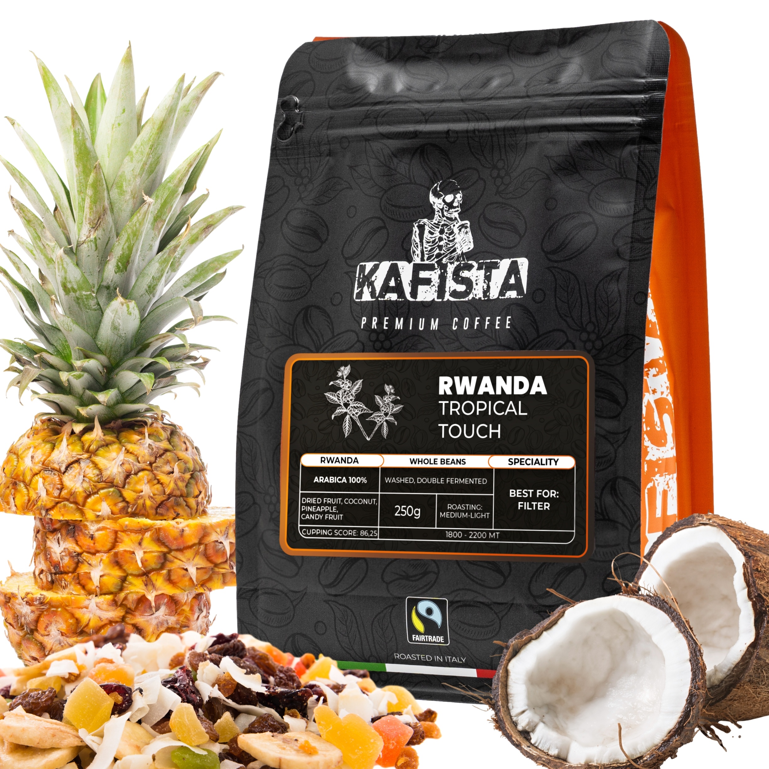 Výběrová káva Kafista "Rwanda Tropical Touch" - 100% Arabica - Zrnková Káva, Pražená v Itálii - ideální pro filtr Množství: 250g