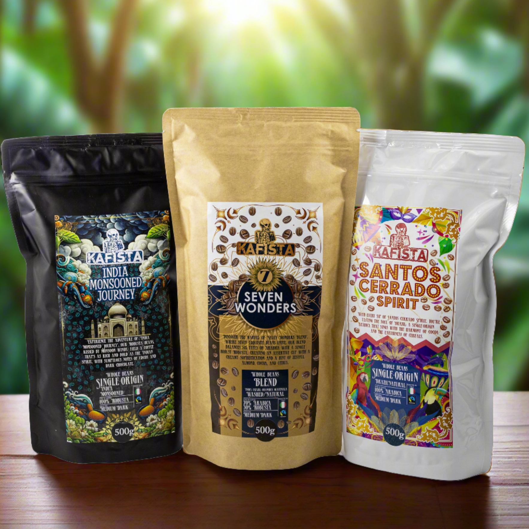 Kafista exkluzivní sada zrnkových káv - Monzunová Robusta, Brazílská Arabica & Seven Wonders Směs - Fairtrade" 3x500g